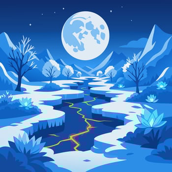 Fantasy night landscape with glowing river lotus flowers snowy trees and full moon vector