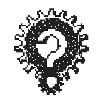 Pixel art lightbulb with question mark at center, black and white gear background, digital innovation thinking concept vector