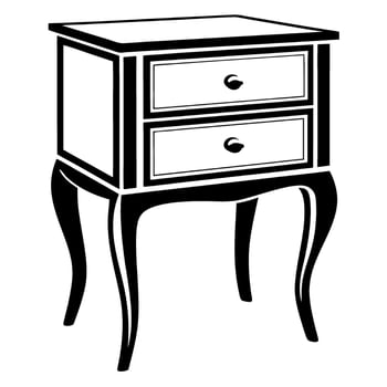 Vintage wooden nightstand with two drawers, classic bedside table, elegant black and white furniture illustration vector