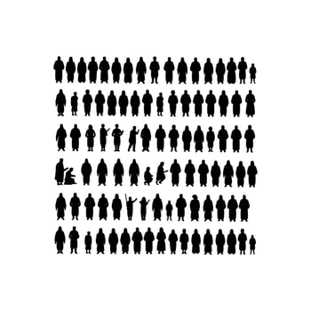 Collection of black silhouettes of people in various poses and sizes group crowd vector