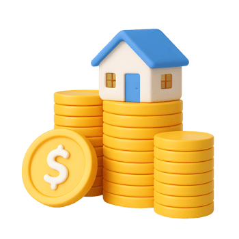 3D cartoon house on golden coin stacks, real estate investment and savings concept, blue roof, isolated on pure transparent background png