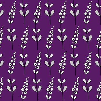 Long curved stylized lavender flowers with clear black contour. Floral minimalist seamless pattern in zentangle style. White flowers on dark purple background vector