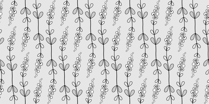 Long curved fantasy flowers with clear black contour. Floral monochrome diagonal seamless pattern in country style. Light decorative plant ornament on gray background. Cute childish plant design. vector