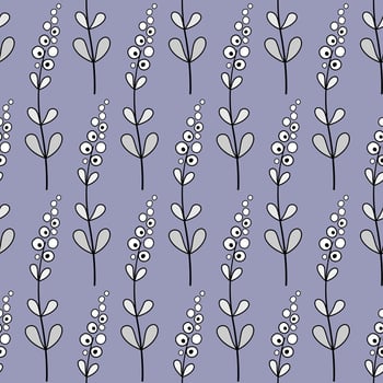 Long curved stylized lavender flowers with clear black contour. Floral minimalist seamless pattern in zentangle style. White flowers on purple background vector