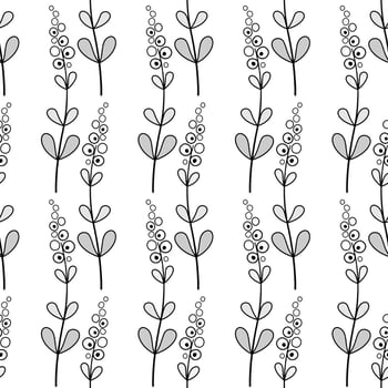 Long curved fantasy flowers with clear black contour. Floral monochrome seamless pattern in zentangle style. Isolated light decorative ornament on white background. Cute childish plant design. vector