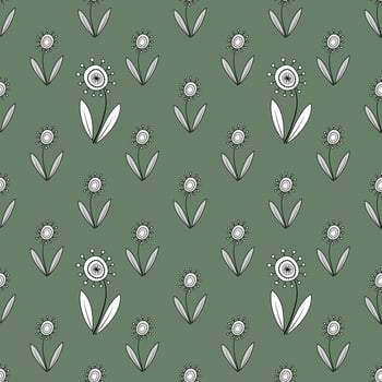 Floral seamless pattern in retro style. Monochrome curved flowers on green field. Unusual fantasy daisy flowers with clear black contour. Cute childish plant design. vector