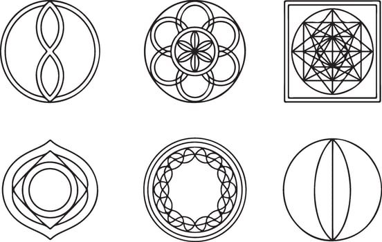 Six sacred geometry symbols isolated on white background vector