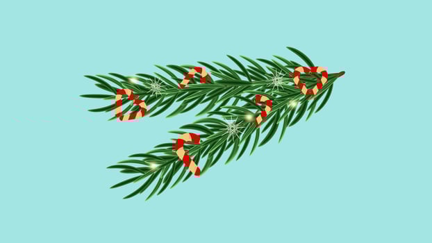 Christmas tree branch with decorations New Year. glitter. Design postcard banner poster and web page. illustration. vector