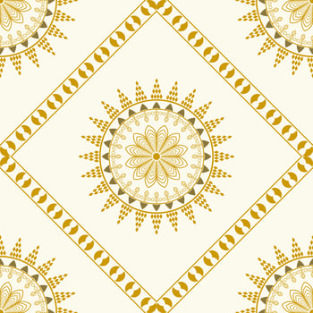 The image showcases a repeating pattern with a central golden mandala-like motif radiating intricate floral and geometric designs on a light cream background vector