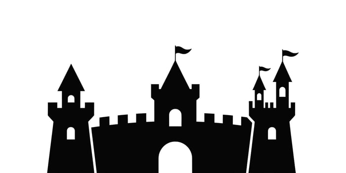 Black and white fairytale castle icon strong, majestic, whimsical silhouette illustration vector