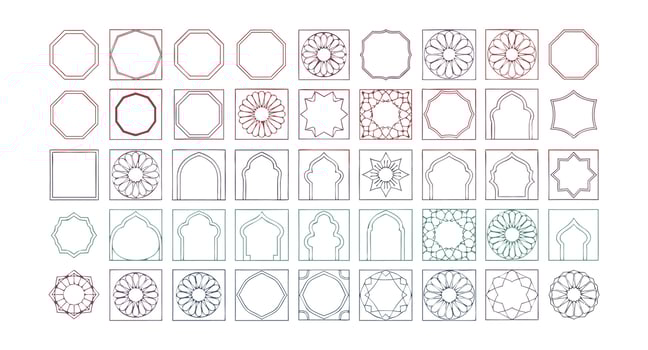 Large set of islamic and arabic geometric frames and borders, decorative elements for design, isolated on white background vector