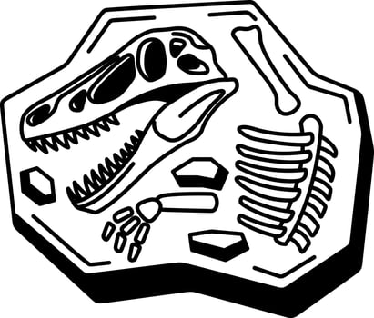 black and white isolated illustration icon of a dinosaur skeleton fossil in soil vector