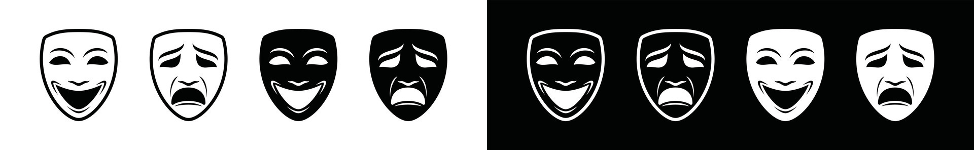 Theater mask icons set. Masquerade icon symbol. Drama theater mask sign. Happy and sad mask. Illustration vector