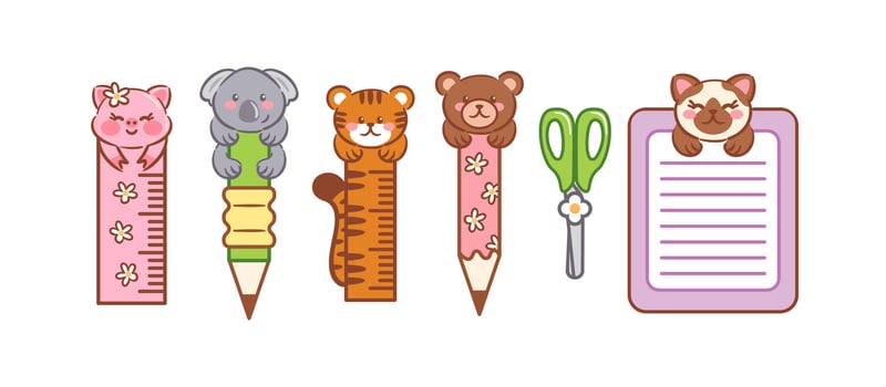 Charming stationery adorned with delightful animal character designs, perfect for brightening your day. Ideal for back-to-school supplies, these kawaii creations bring joy and cheer to every task. vector