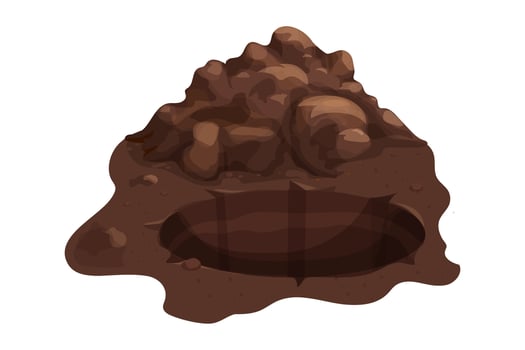 Soil pile, ground heap with hole design element. Organic farming garden compost, dirt. Gardening. Brown mud or turf, clay. vector