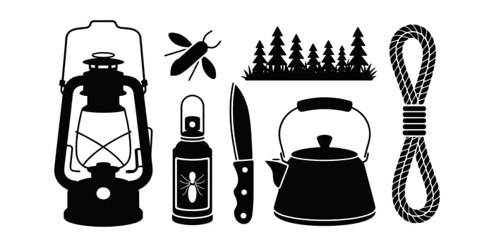 Black and white minimalist camping icons lantern, insect repellent, knife, kettle, rope, and forest silhouette vector