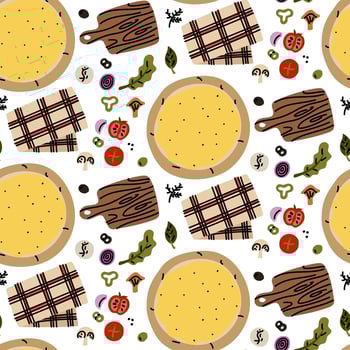 pattern of Ready-made pizzas with various toppings on wooden tray, covered with a towel. Flat color illustration with doodle lines in seamless texture. For every taste. Various pizza toppings. Food vector