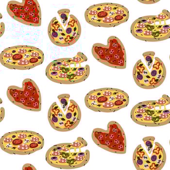 pattern of Various types of pizza. Round, with a cut-off piece, in shape of heart. Ready-to-eat pizza. Flat color illustration with doodle lines in seamless texture. Marketing of an Italian pizzeria vector