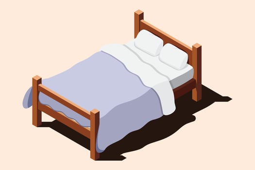 Isometric wooden bed with mattress. Isometric bed. Wooden bed frame with mattress, pillow, and blanket. Isometric bedroom furniture vector