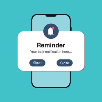 Task reminder notification bell. Schedule work, business plans, and events. Plus, a phone behind the pop-up. vector