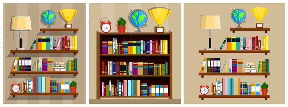 colorful bookshelves with decor and books vector