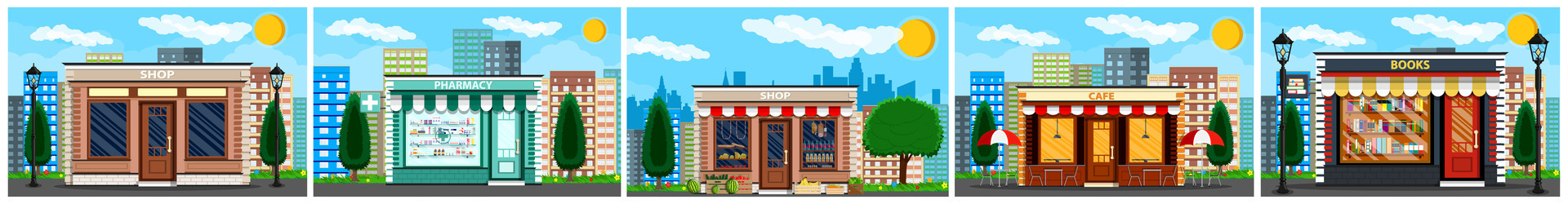 Illustration of diverse city shops vector