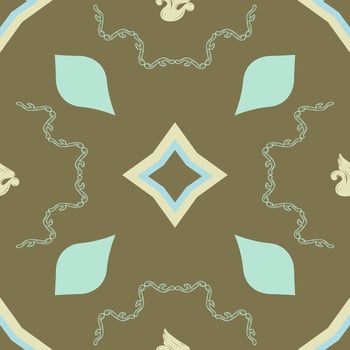 Abstract Seamless with Mint and Yellow Pastel Color on Brown Background. Leaves, Stars, Scroll Ornament Decoration Repeat Design Pattern for Tiles Texture Textiles Art Work, Vintage Fashion Apparel vector
