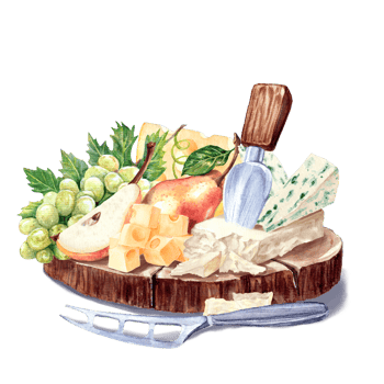 Watercolor painted still-life with Cheese, grape and pears png