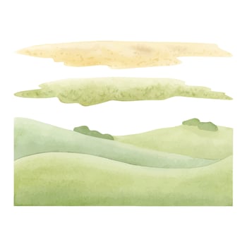 Watercolor green hills, fields, grass and sand grounds design illustration kit. Minimalist rural landscape backgrounds for summer farm and countryside designs. Horizontal meadows panoramic clipart vector