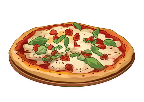 Traditional margarita pizza garnished with fresh basil and tomatoes on a wooden base. Food concept vector