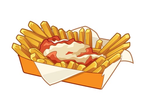 Delicious crispy fries topped with rich gravy served in a takeout box for a satisfying meal experience. Food concept vector