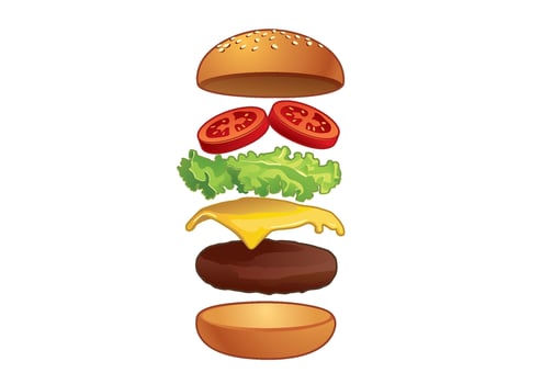 Layered ingredients of a hamburger showcasing fresh vegetables and cheese, perfect for a tasty meal preparation. Food concept vector