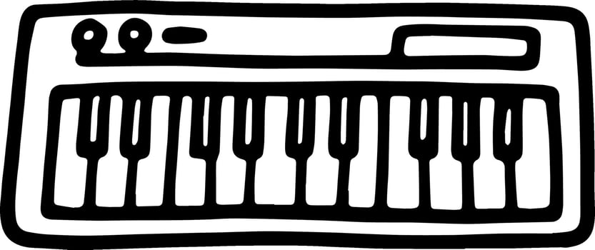 An electronic keyboard is shown in black and white vector