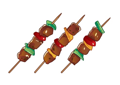 Grilled meat and colorful vegetable skewers on wooden sticks, ideal for a delicious outdoor barbecue meal vector
