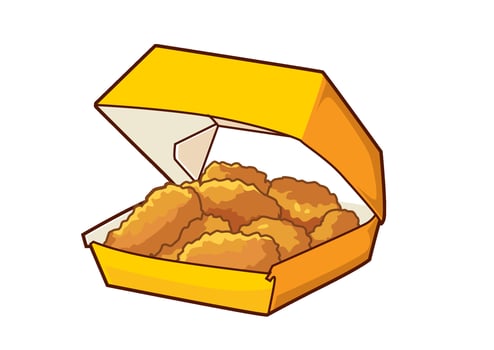Delicious fried chicken pieces served in a bright yellow takeout box, perfect for a satisfying meal on the go vector