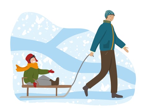 Father pulling sledge with kid. Happy man and smiling child on sled enjoying winter outdoor activity. Flat cartoon illustration. Parent and son spending leisure time together in snowy park. vector