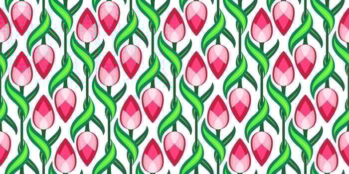 Bright positive diagonal ornament of tulips. Spring floral seamless pattern. Cute decor of red pink flowers on white background. Floral pattern of curved leaves and flowers. Clear spring colors vector