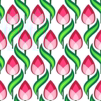 Bright ornament of tulips. Spring floral seamless pattern. Cozy decor of red pink flowers on white background. Floral pattern of curved leaves and flowers. Clear spring colors vector