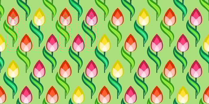 Multicolored tulips on a delicate green background. Bright positive seamless pattern of flowers. Cute decor of red pink yellow flowers. Floral pattern of curved leaves and flowers vector