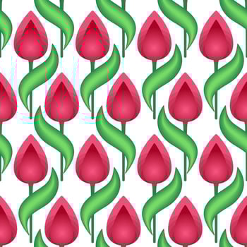 Bright ornament of tulips. Spring floral seamless pattern. Cute decor of red flowers on white background. Floral pattern of curved leaves and flowers. Clear spring colors vector