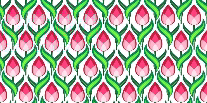 Bright positive tulip field. Spring floral seamless pattern. Cute decor of red pink flowers on white background. Floral pattern of curved leaves and flowers. Clear spring colors vector