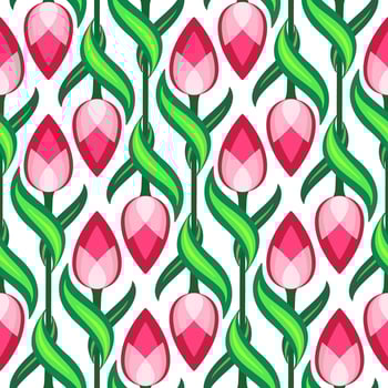 Diagonal ornament of tulips. Spring floral seamless pattern. Cute season decor of red pink flowers on white background. Floral pattern of curved leaves and flowers. Clear spring colors vector