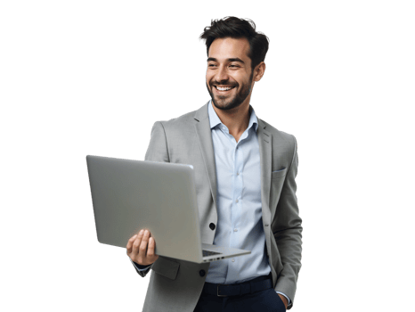 A man in a suit holding a laptop png