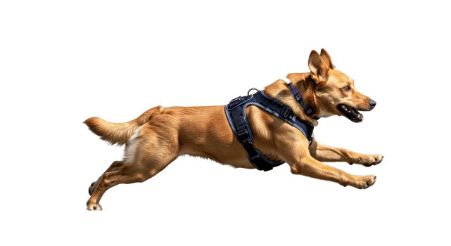 dog running side view active brown dog in harness full body shot png