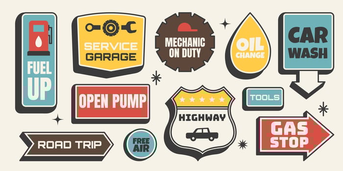 Retro sticker set. Fuel pump, oil, garage and service signs in vintage Mid Century style. illustration for gas station and road trip themes vector