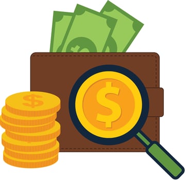money in wallet and magnifying glass vector