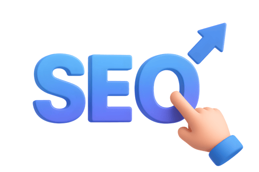 3D SEO letters with upward arrow and pointing hand icon showing website ranking and search optimization isolated on transparent background png