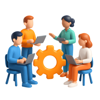 3D teamwork collaboration with gear, group of people working together with laptops and tablet, isolated on transparent background png