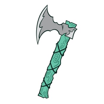 Hand Axe tool or weapon with green colored wooden handle colorful illustration isolated on square white background. vector