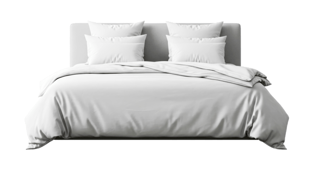 white bedding on a bed with pillows png